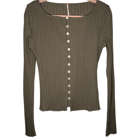 Free People Tilley Fallen Rock Tan Ribbed Button Down Cardigan Size Large NWT - Picture 5 of 12